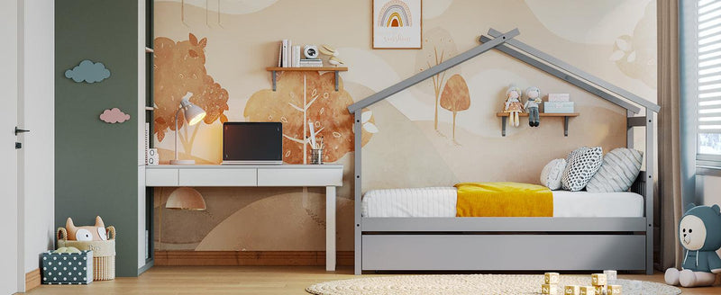 Twin Size Wooden House Bed with Twin Size Trundle, Gray - Urban Living Furniture (Los Angeles, CA)