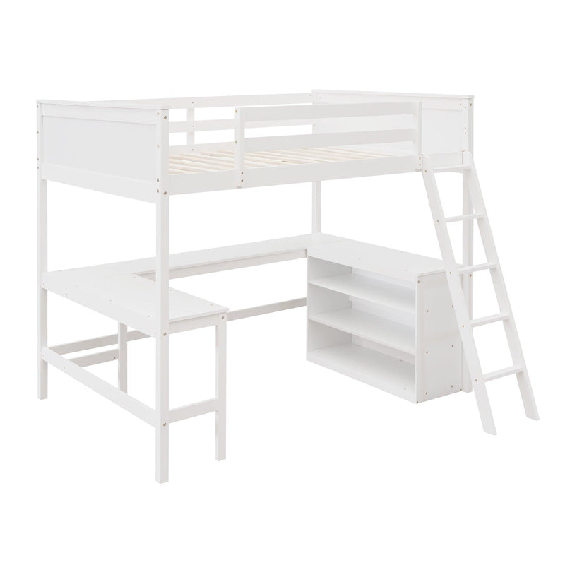 Full size Loft Bed with Shelves and Desk, Wooden Loft Bed with Desk - White