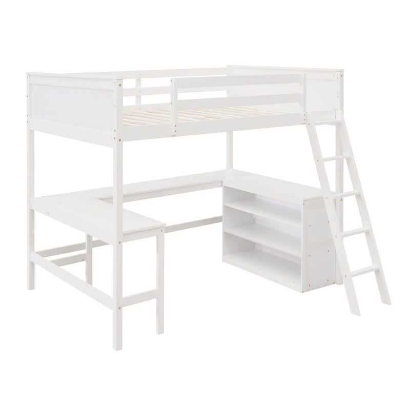 Full size Loft Bed with Shelves and Desk, Wooden Loft Bed with Desk - White - Urban Living Furniture (Los Angeles, CA)