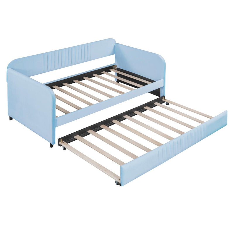 Upholstered Daybed Sofa Bed Twin Size With Trundle Bed and Wood Slat, Light Blue - Urban Living Furniture (Los Angeles, CA)