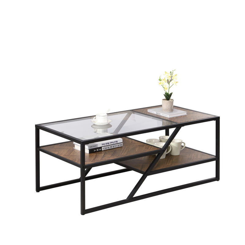 Black Coffee Table withStorage Shelf, Tempered Glass Coffee Table with Metal Frame for Living Room&Bedroom - Urban Living Furniture (Los Angeles, CA)