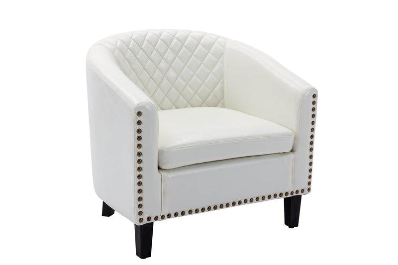 accent Barrel chair living room chair with nailheads and solid wood legs  white  pu leather