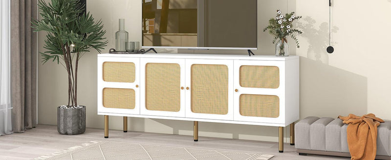 Boho style TV Stand with Rattan Door, Woven Media Console Table for TVs Up to 70”, Country Style Design Side Board with Gold Metal Base for Living Room, White. - Urban Living Furniture (Los Angeles, CA)