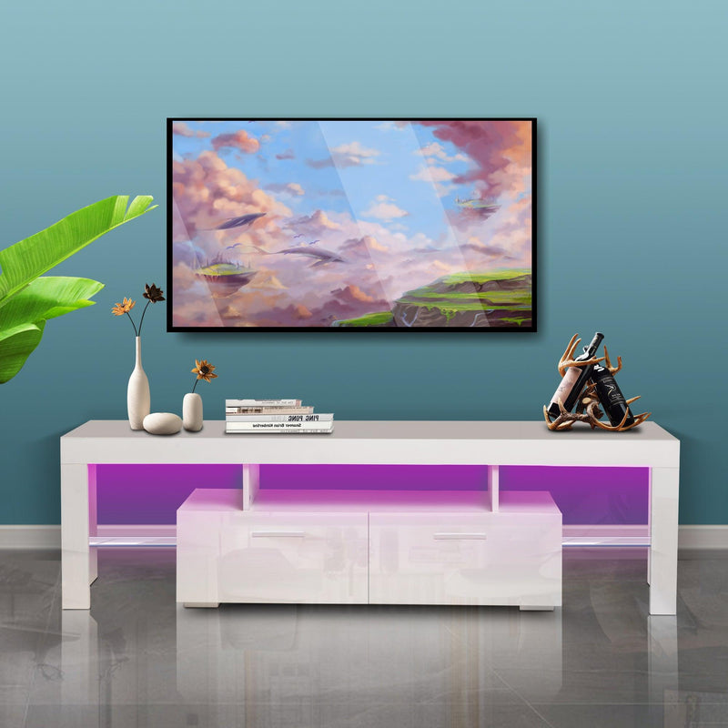 White morden TV Stand with LED Lights,high glossy front TV Cabinet,can be assembled in Lounge Room, Living Room or Bedroom,color:WHITE