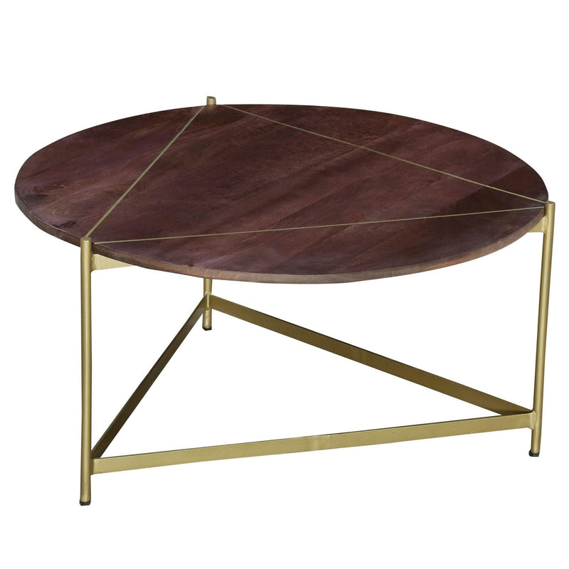 Ellis 32 Inch Round Wood Coffee Table with Brass Metal Base, Brown, Matte Gold - Urban Living Furniture (Los Angeles, CA)