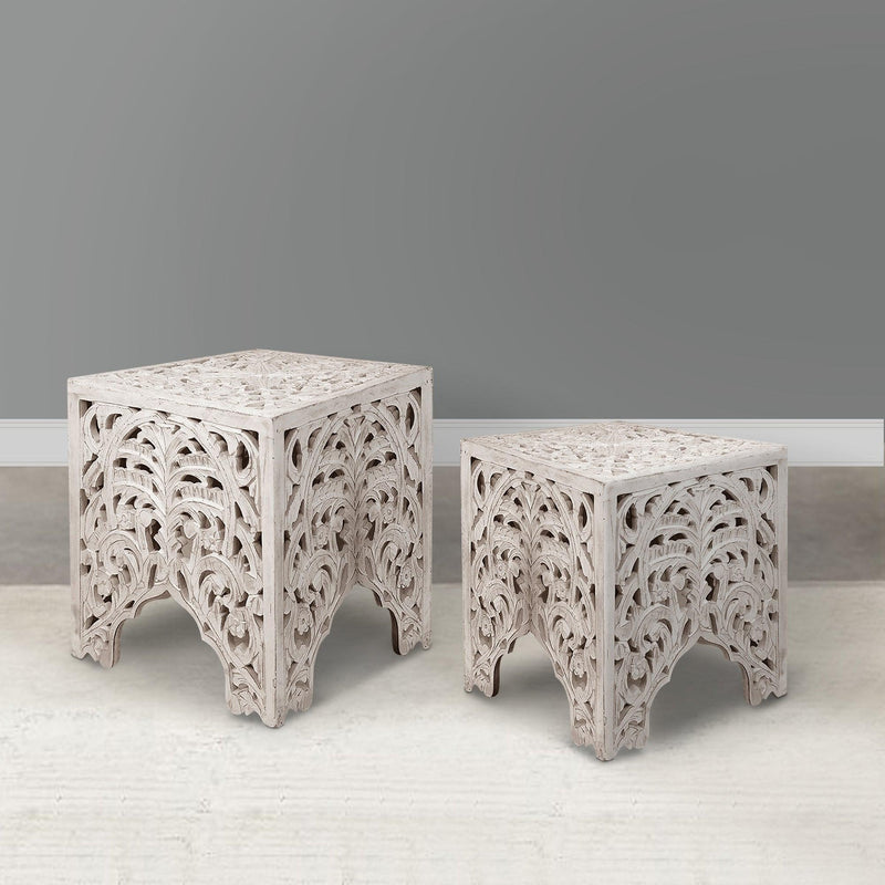 Wooden End Table with Floral Cut Out Design, Set of 2, Antique White