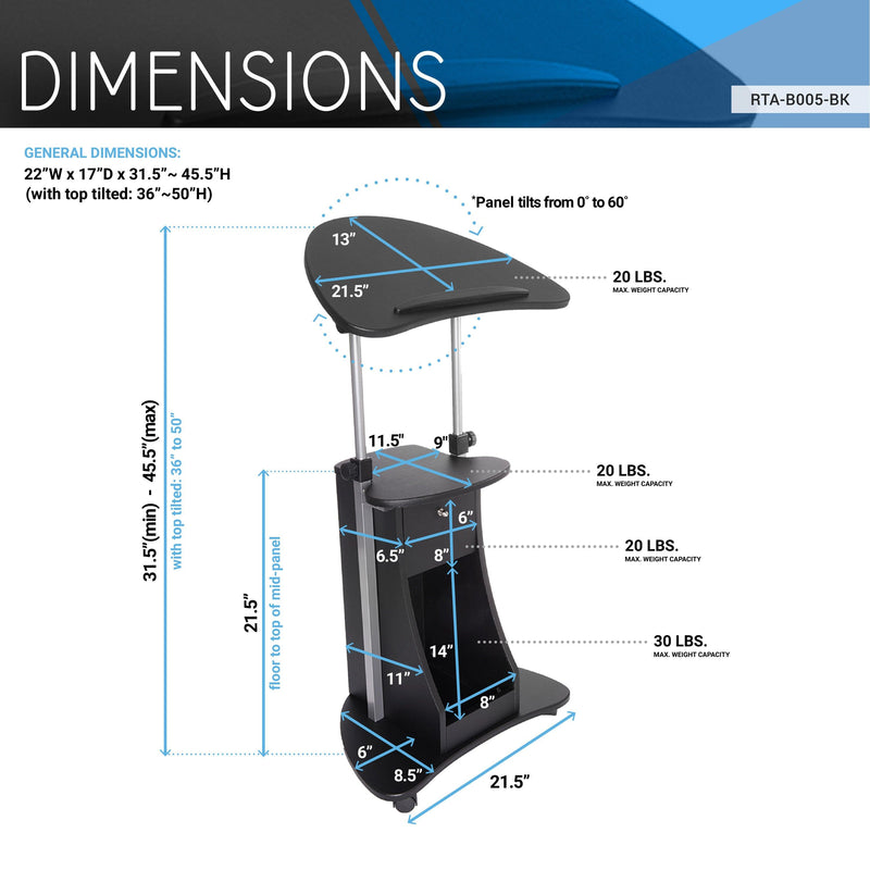 Techni Mobili Sit-to-Stand Rolling Adjustable Laptop Cart WithStorage, Black - Urban Living Furniture (Los Angeles, CA)