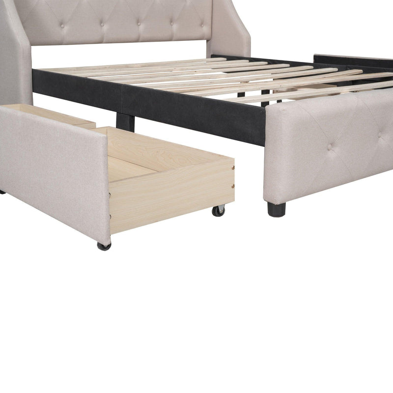 Upholstered Platform Bed with Wingback Tufted Headboard and 4 Drawers, No Box Spring Needed, Linen Fabric, Queen Size Beige - Urban Living Furniture (Los Angeles, CA)