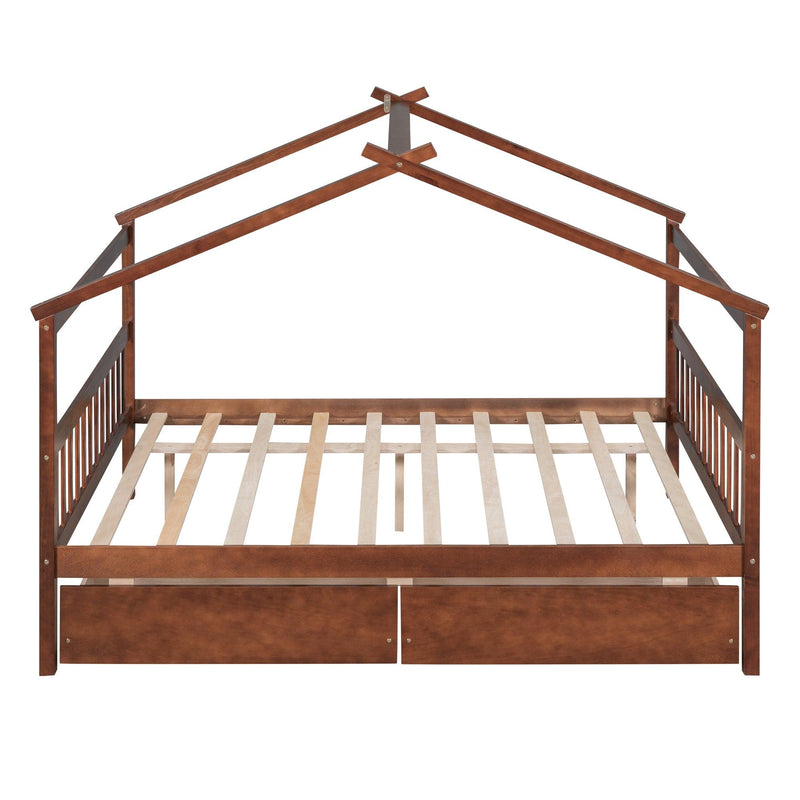 Full Size Wooden House Bed with Drawers, Walnut