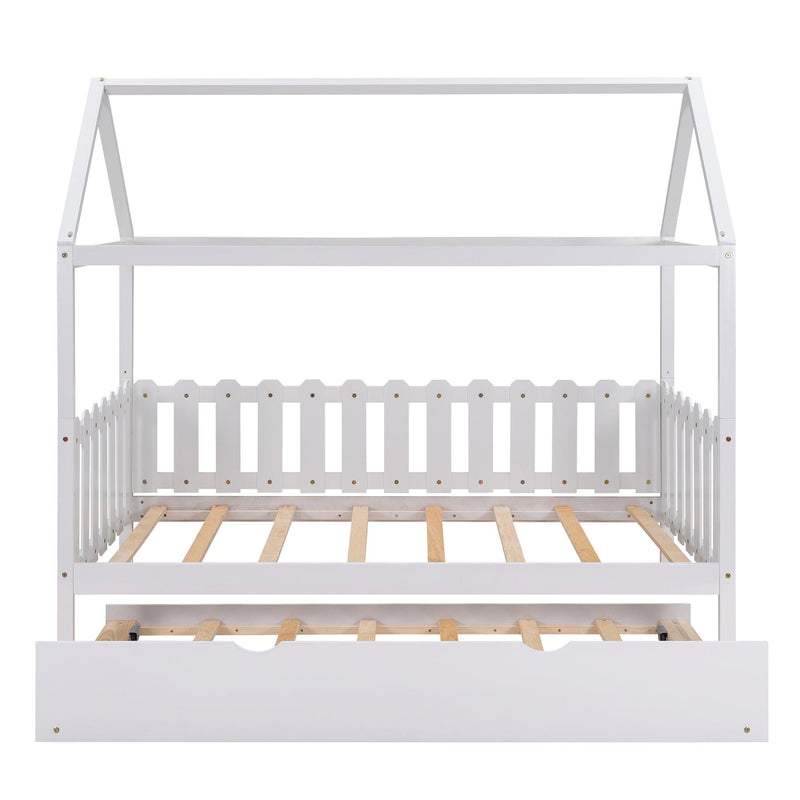 Twin Size House Bed with trundle, Fence-shaped Guardrail, White(New) - Urban Living Furniture (Los Angeles, CA)