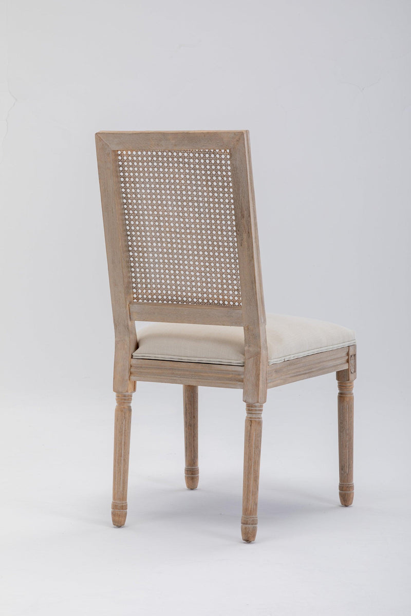 French Style Solid Wood Frame Linen Fabric Antique Painting Rattan Back Dining Chair ,Seat of 2,Cream