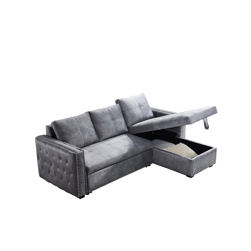 Sectional sofa with pulled out bed,  2 seats sofa and reversible chaise withStorage, both hands with copper nail, GREY, (91" x 64" x 37") - Urban Living Furniture (Los Angeles, CA)