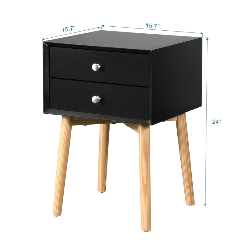 Side Table,Bedside Table with 2 Drawers and Rubber Wood Legs, Mid-CenturyModernStorage Cabinet for Bedroom Living Room, Black - Urban Living Furniture (Los Angeles, CA)