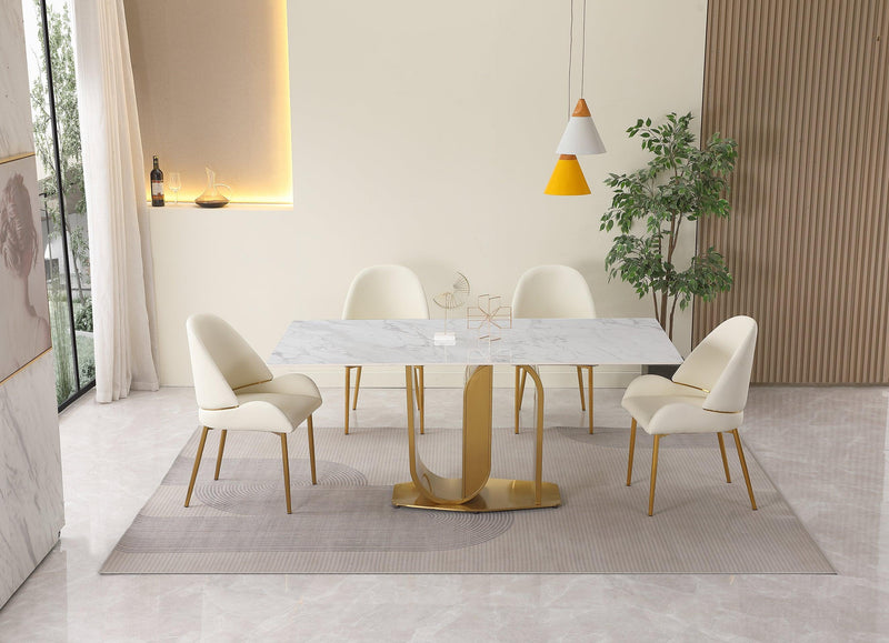 71" Contemporary Dining Table in Gold with Sintered Stone Top and  U shape Pedestal Base in Gold finish with 6 pcs Chairs . - Urban Living Furniture (Los Angeles, CA)