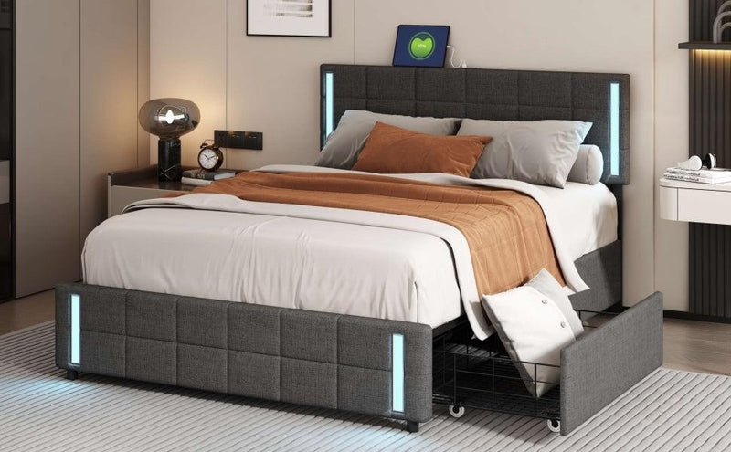 Queen Size Upholstered Platform Bed with LED Lights and USB Charging,Storage Bed with 4 Drawers, Dark Gray - Urban Living Furniture (Los Angeles, CA)