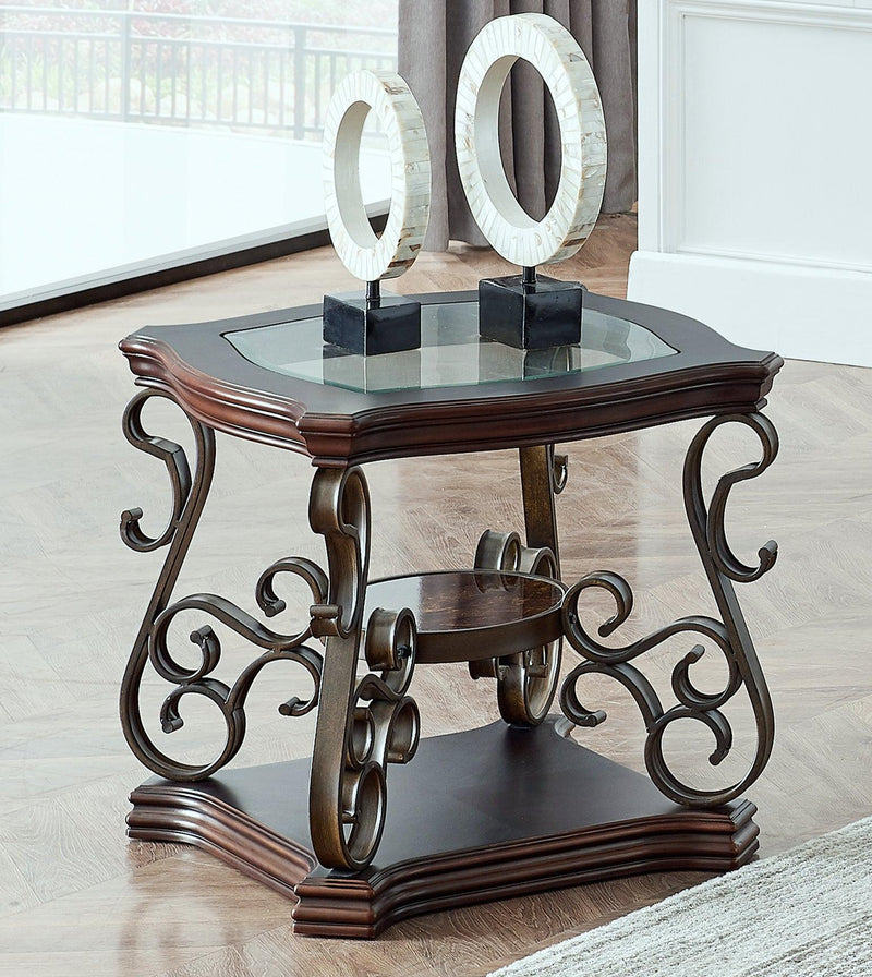 End table,  Glass table top, MDF W/marble paper middle shelf, powder coat finish metal legs. (26.3"Lx26.3"Wx24"H) - Urban Living Furniture (Los Angeles, CA)