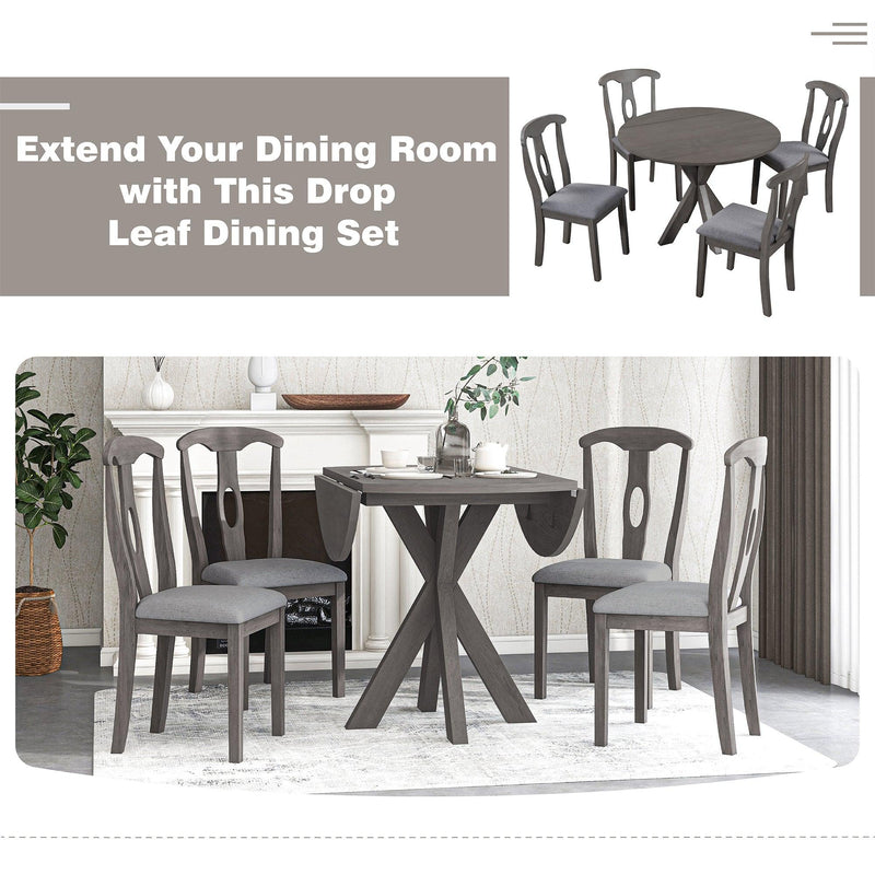 Rustic Farmhouse 5-Piece Wood Round Dining Table Set for 4, Kitchen Furniture with Drop Leaf and 4 Padded Dining Chairs for Small Places, Grey - Urban Living Furniture (Los Angeles, CA)