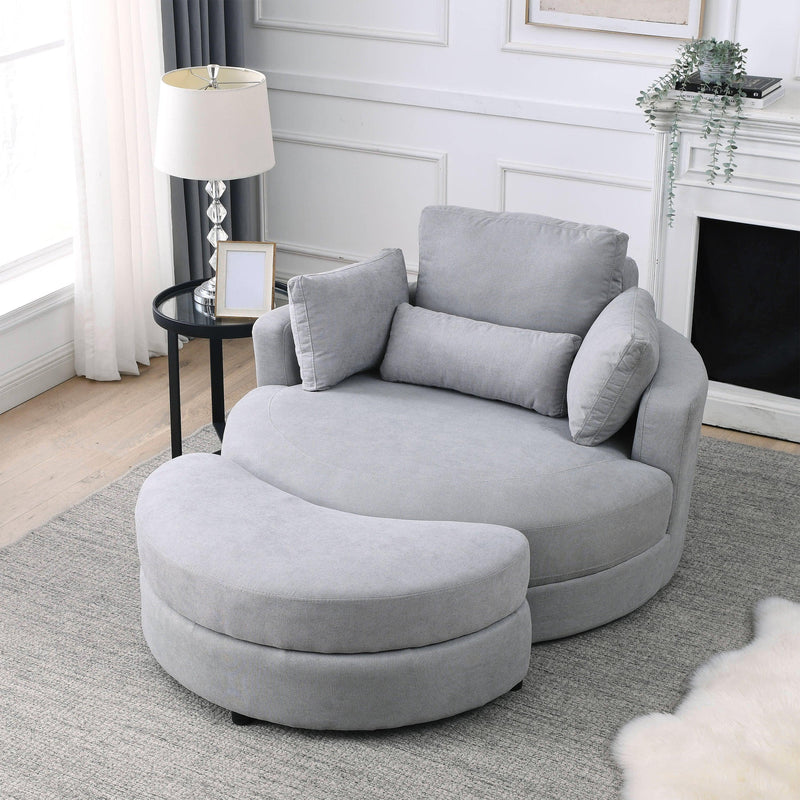 Swivel Accent BarrelModern Grey Sofa Lounge Club Big Round Chair withStorage Ottoman Linen Fabric for Living Room Hotel with Pillows - Urban Living Furniture (Los Angeles, CA)