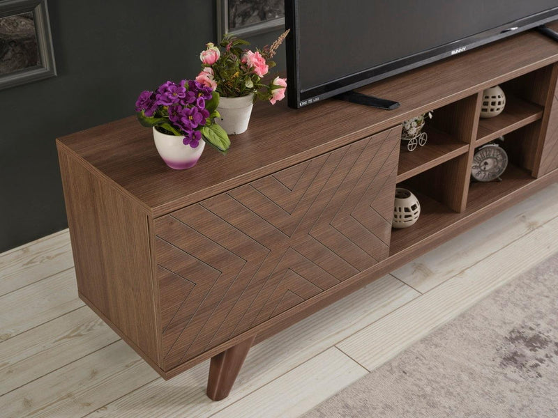 Lina Mid CenturyModern Tv Stand 2 Door Cabinet 4 Cubby Hole Shelves 67 inch Tv Unit, Walnut - Urban Living Furniture (Los Angeles, CA)