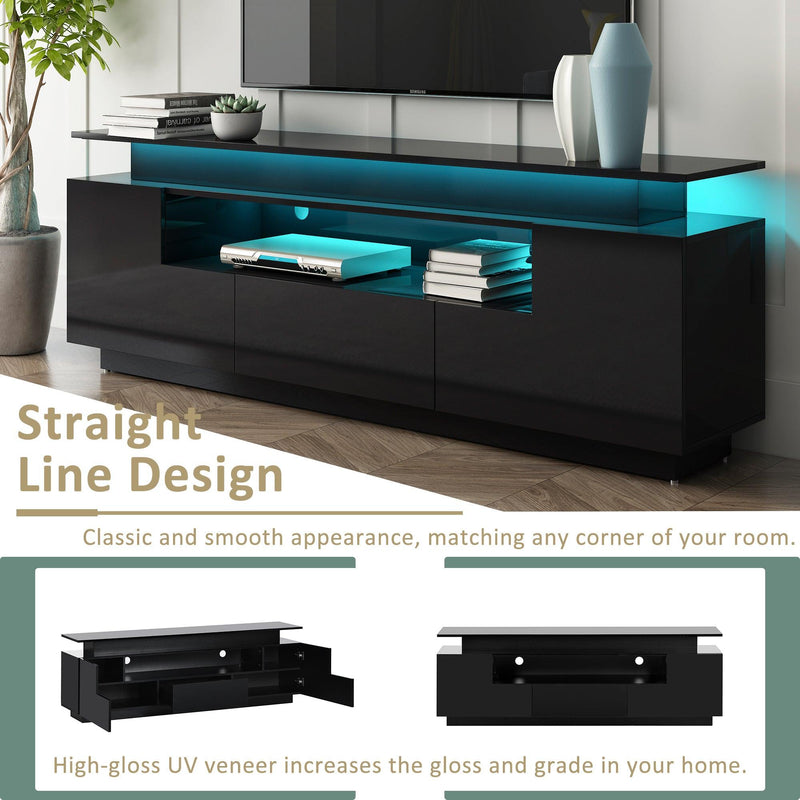 Modern, Stylish Functional TV stand with Color Changing LED Lights, Universal Entertainment Center, High Gloss TV Cabinet for 75+ inch TV, Black