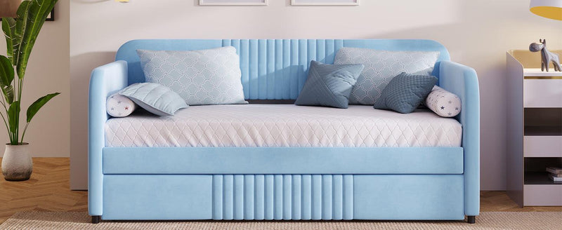 Upholstered Daybed Sofa Bed Twin Size With Trundle Bed and Wood Slat, Light Blue - Urban Living Furniture (Los Angeles, CA)