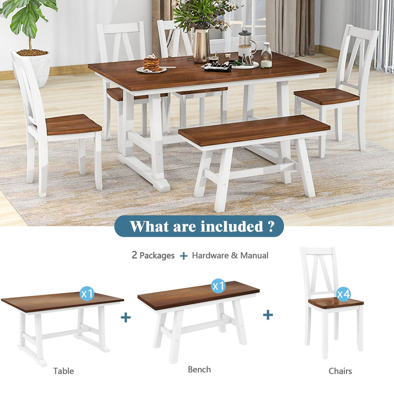 6-Piece Wood Dining Table Set Kitchen Table Set with Long Bench and 4 Dining Chairs, Farmhouse Style, Walnut+White - Urban Living Furniture (Los Angeles, CA)