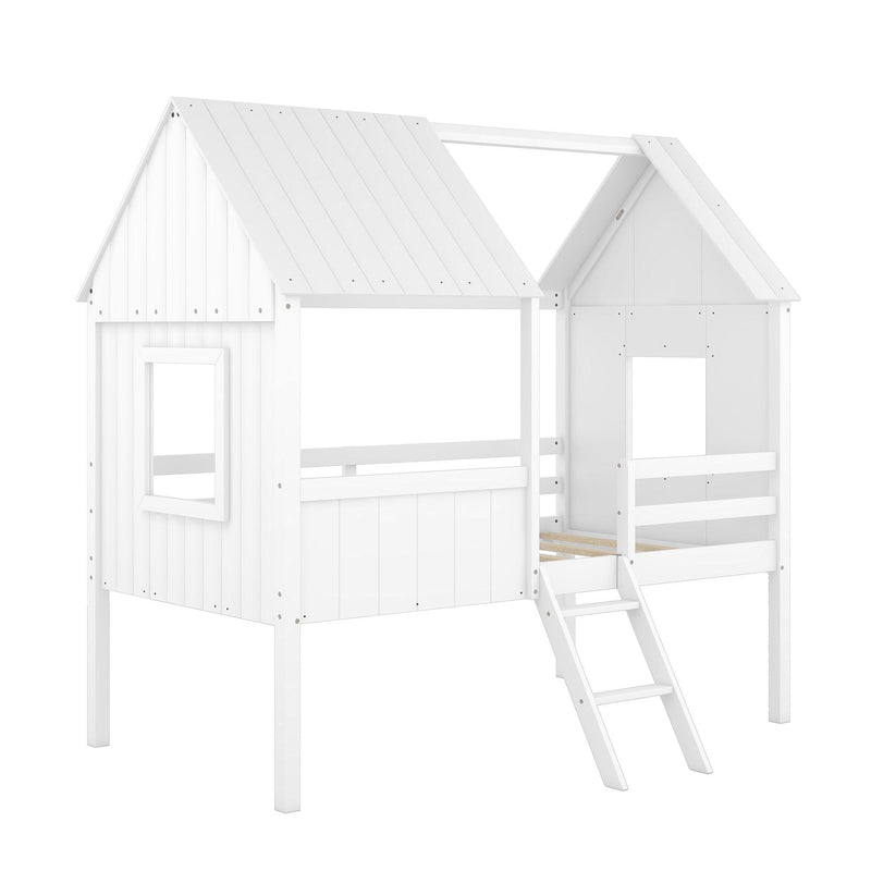 Twin Size Low Loft Wood House Bed with Two Side Windows  (White) - Urban Living Furniture (Los Angeles, CA)