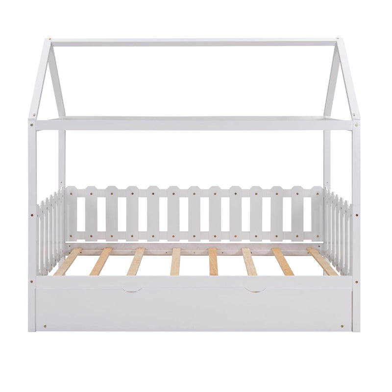 Twin Size House Bed with trundle, Fence-shaped Guardrail, White(New) - Urban Living Furniture (Los Angeles, CA)