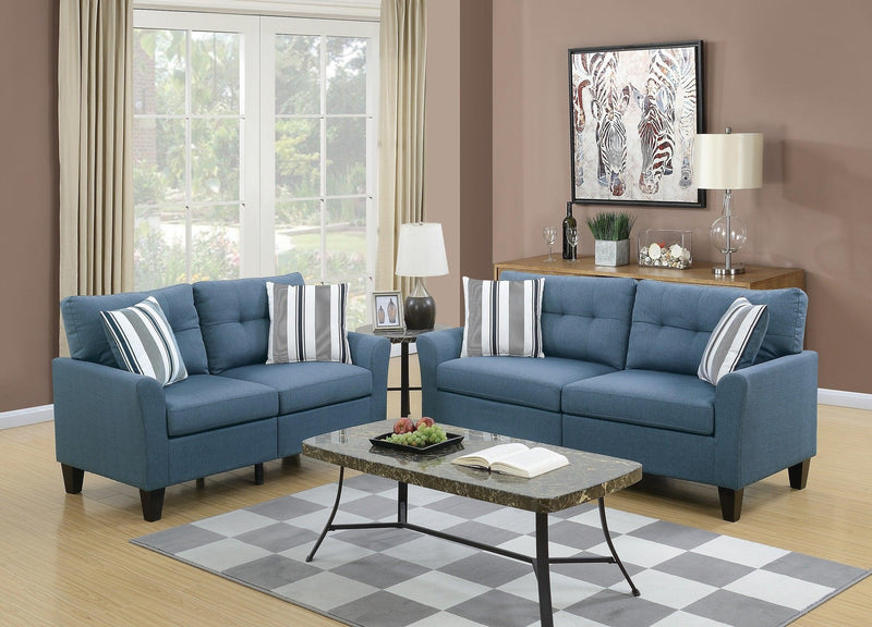 Living Room Furniture 2pc Sofa Set Sofa And Loveseat Blue Glossy Polyfiber Plywood Solid pine