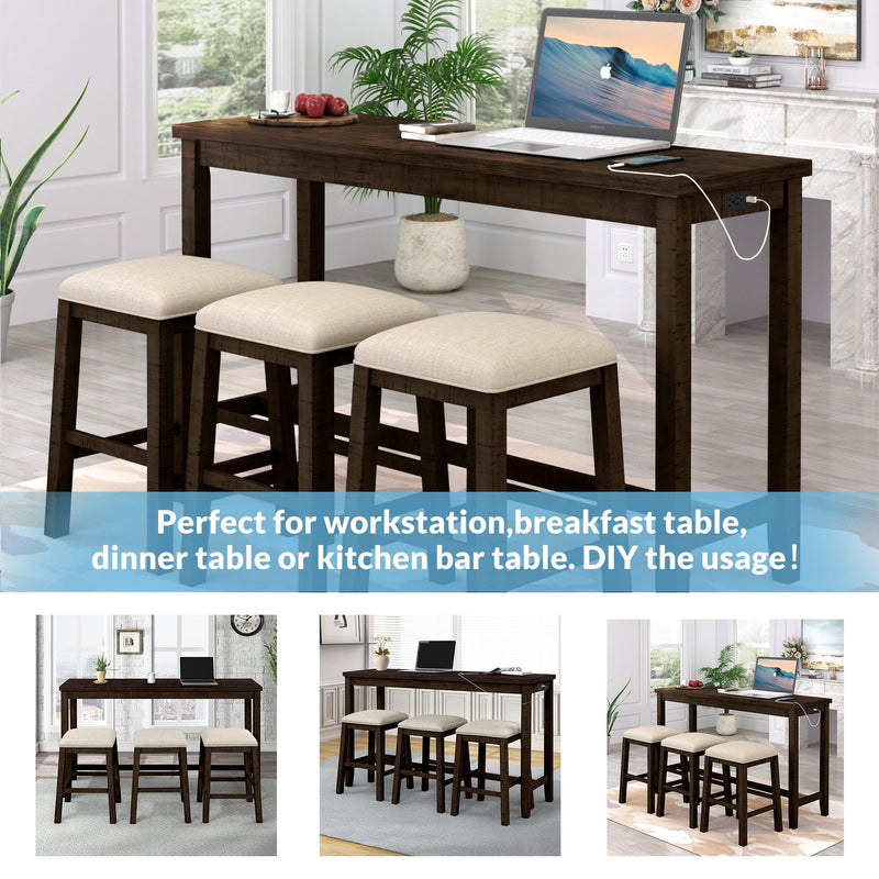 4 Pieces Counter Height Table with Fabric Padded Stools, Rustic Bar Dining Set with Socket, Brown - Urban Living Furniture (Los Angeles, CA)