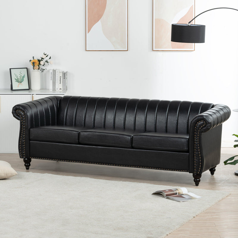 83.46'' Black PU Rolled Arm Chesterfield Three Seater Sofa. - Urban Living Furniture (Los Angeles, CA)