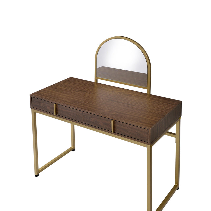 ACME Coleen Vanity Desk w/Mirror & Jewelry Tray in Walnut & Gold Finish AC00670