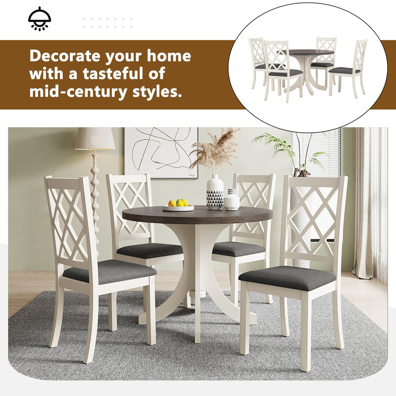 Mid-Century Solid Wood 5-Piece Round Dining Table Set, Kitchen Table Set with Upholstered Chairs for Small Places, Brown Table+Gray Chair - Urban Living Furniture (Los Angeles, CA)