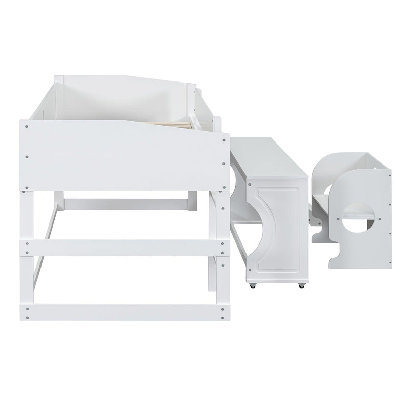 Low Study Twin Loft Bed with Rolling Portable Desk and Chair,Multiple Functions Bed- White