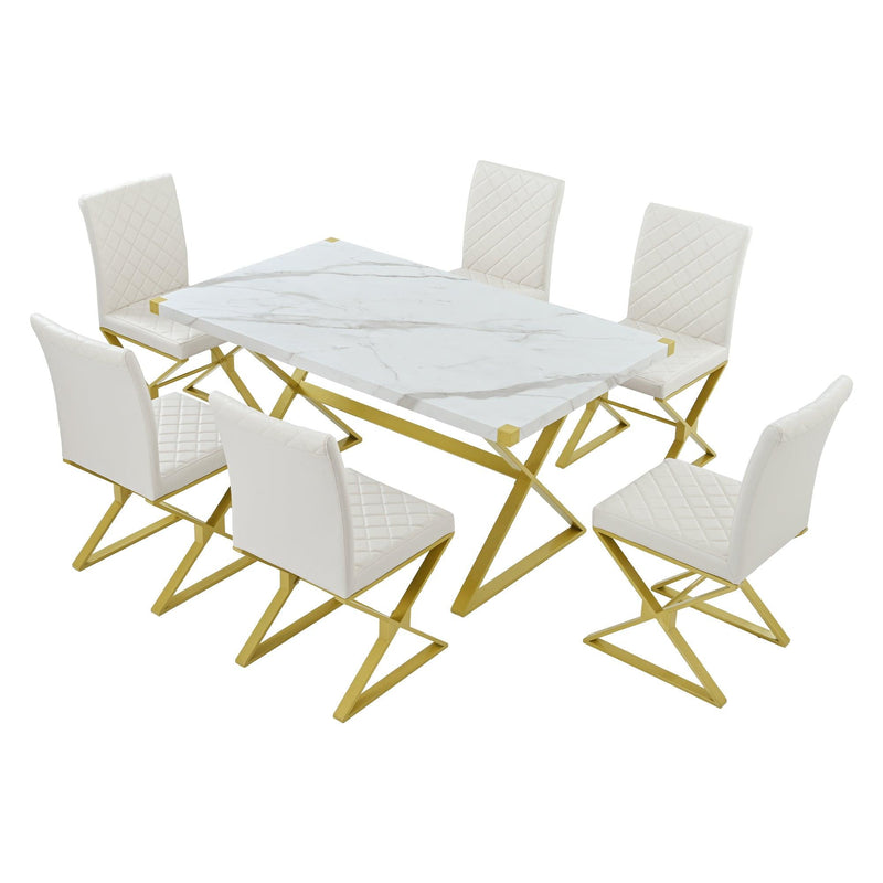 7-PieceModern Dining Table Set, Rectangular Marble Texture Kitchen Table and 6 PU leather Chairs with X-Shaped Gold Steel Pipe Legs for Dining Room (White) - Urban Living Furniture (Los Angeles, CA)