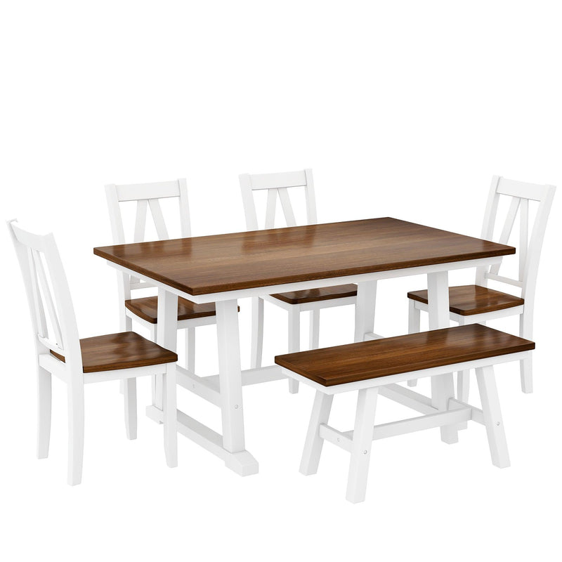 6-Piece Wood Dining Table Set Kitchen Table Set with Long Bench and 4 Dining Chairs, Farmhouse Style, Walnut+White