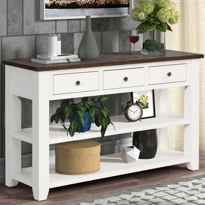 48'' Solid Pine Wood Top Console Table,Modern Entryway Sofa Side Table with 3Storage Drawers and 2 Shelves. Easy to Assemble (Antique White+ Brown Top) - Urban Living Furniture (Los Angeles, CA)