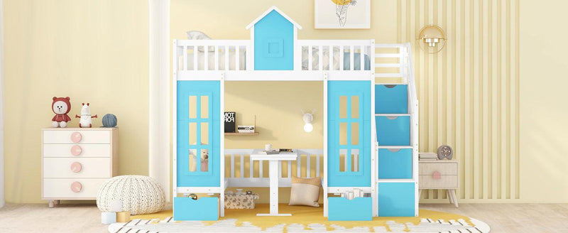 Twin-Over-Twin Bunk Bed with Changeable Table , Bunk Bed  Turn into Upper Bed and Down Desk with 2 Drawers - Blue - Urban Living Furniture (Los Angeles, CA)