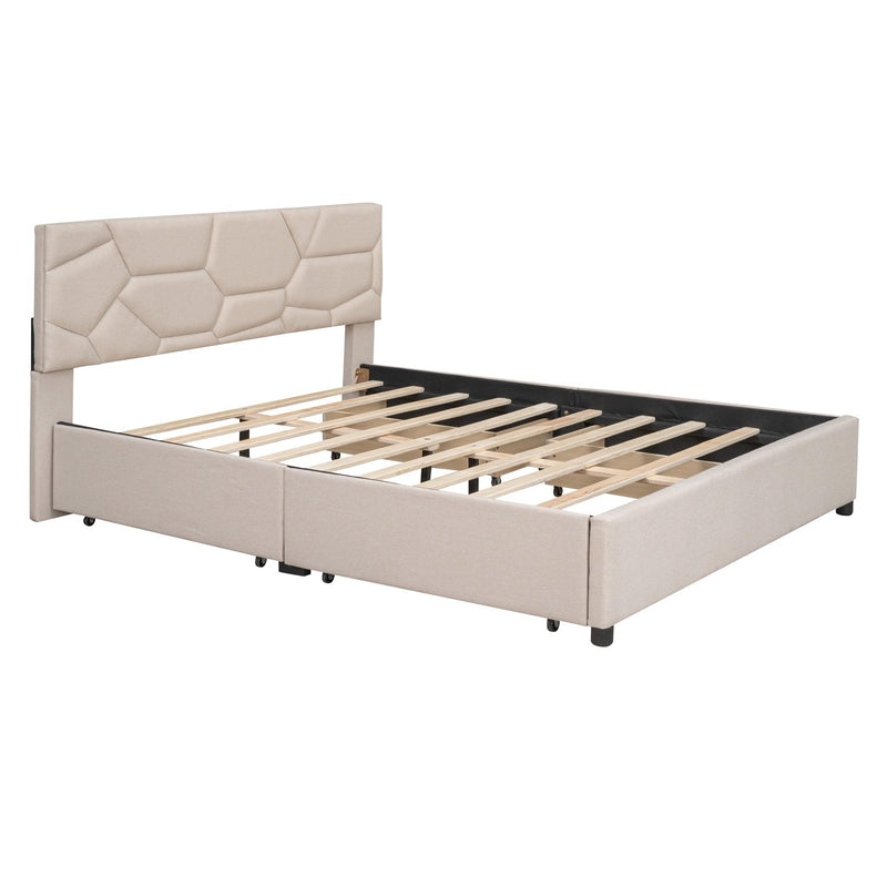 Queen Size Upholstered Platform Bed with Brick Pattern Heardboard and 4 Drawers, Linen Fabric, Beige - Urban Living Furniture (Los Angeles, CA)