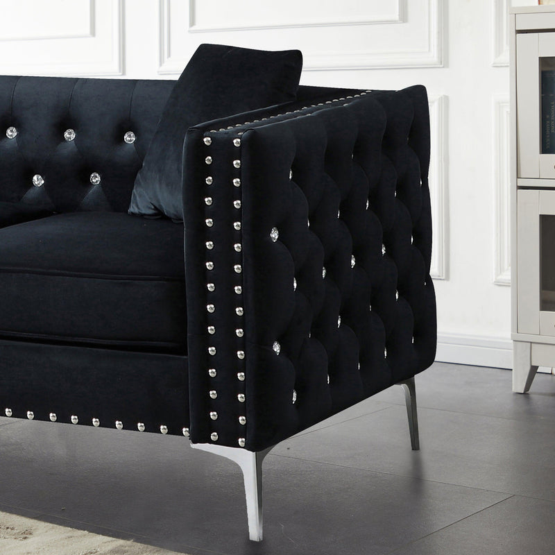59.4 Inch Wide Black Velvet Sofa with Jeweled buttons,Square Arm ,2 Pillows