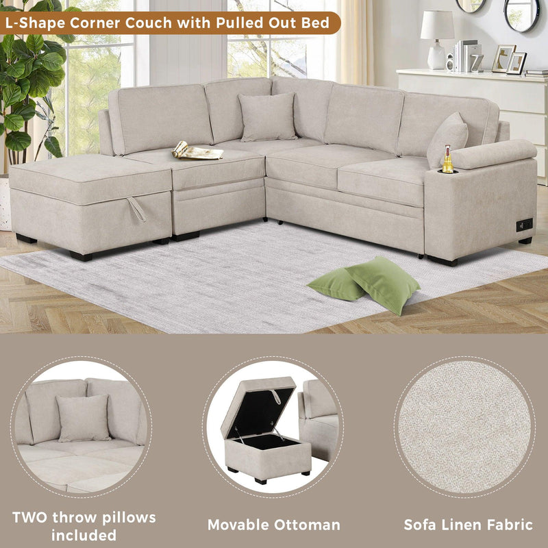 87.4" Sleeper Sofa Bed,2 in 1 Pull Out sofa bed L Shape Couch withStorage Ottoman for Living Room,Bedroom Couch and Small Apartment，Beige