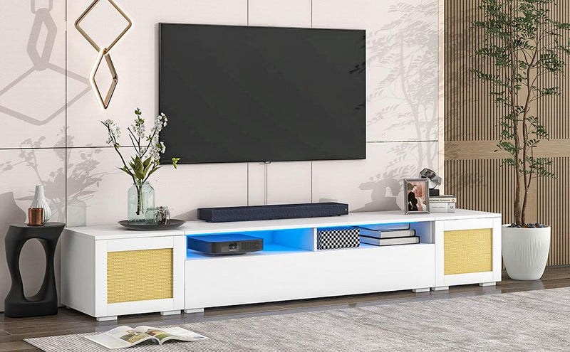 Rattan Style Entertainment Center with Push to Open Doors, 3-pics Extended TV Console Table for TVs Up to 90”,Modern TV Stand with Color Changing LED Lights for  Home Theatre, White - Urban Living Furniture (Los Angeles, CA)