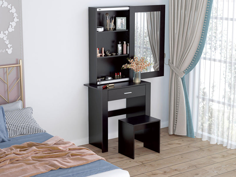 Vanity Desk with Mirror & Stool, Black Makeup Table withStorage Shelves & Drawer, Vanity Set for Girls Women - Urban Living Furniture (Los Angeles, CA)