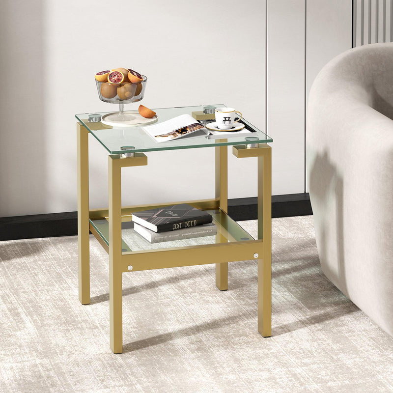 Clear Glass Side & End Table with Gold Legs; Tempered Glass Night Stand Corner Table