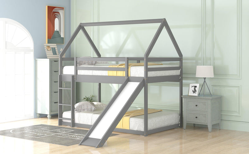 Twin Size Bunk House Bed with Slide and Ladder,Gray - Urban Living Furniture (Los Angeles, CA)