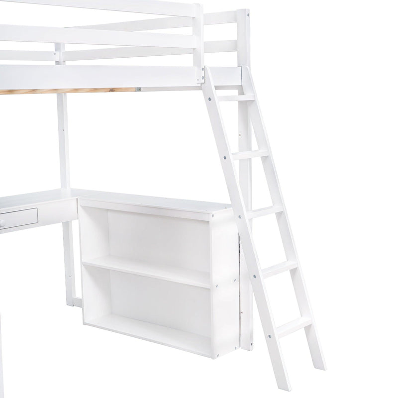Full Size Loft Bed with Ladder, Shelves, and Desk, White