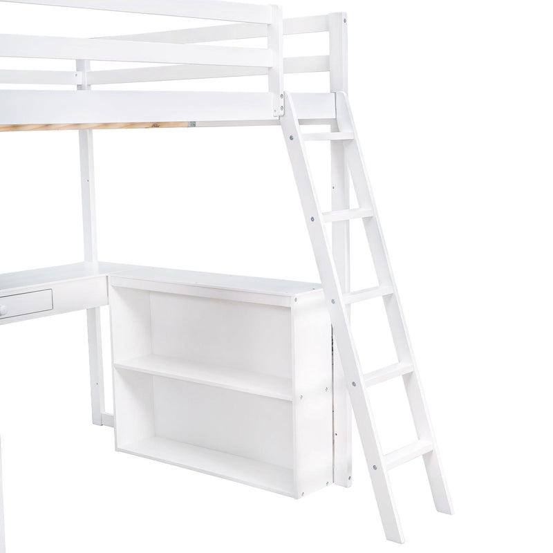 Full Size Loft Bed with Ladder, Shelves, and Desk, White - Urban Living Furniture (Los Angeles, CA)