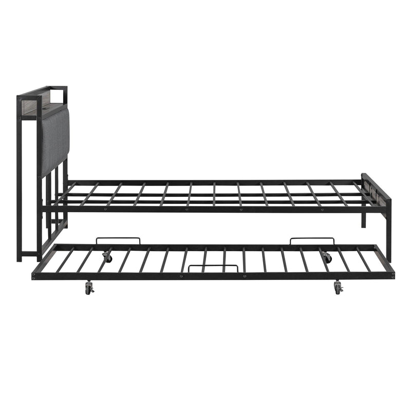 Queen Size Metal Platform Bed Frame with Twin size trundle, Upholstered headboard ，Sockets, USB Ports and Slat Support ,No Box Spring Needed，Black - Urban Living Furniture (Los Angeles, CA)