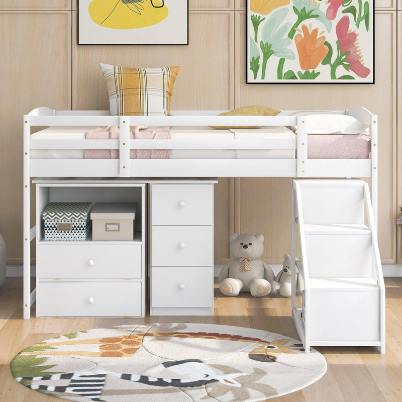 Twin Size Loft Bed with Multifunctional Movable Built-in Desk and and Staircase,White - Urban Living Furniture (Los Angeles, CA)