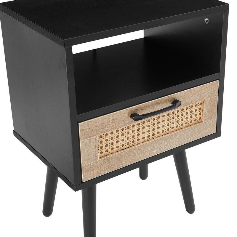 15.75" Rattan End table with  drawer and solid wood legs,Modern nightstand, side table for living roon, bedroom, black - Urban Living Furniture (Los Angeles, CA)